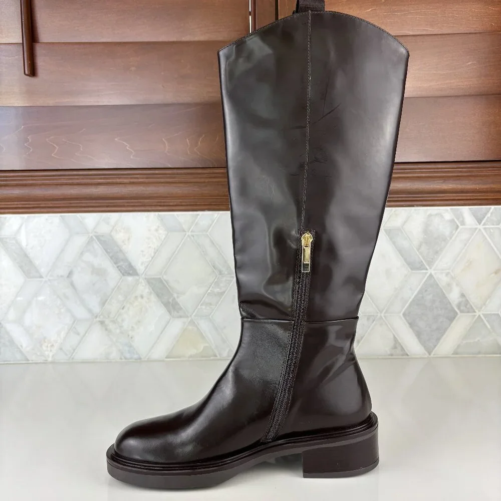 39/9 Dark Brown Walnut Round Toe Block Heel Wide Sole Knee High Pull On Zip Boot - Picture 3 of 16